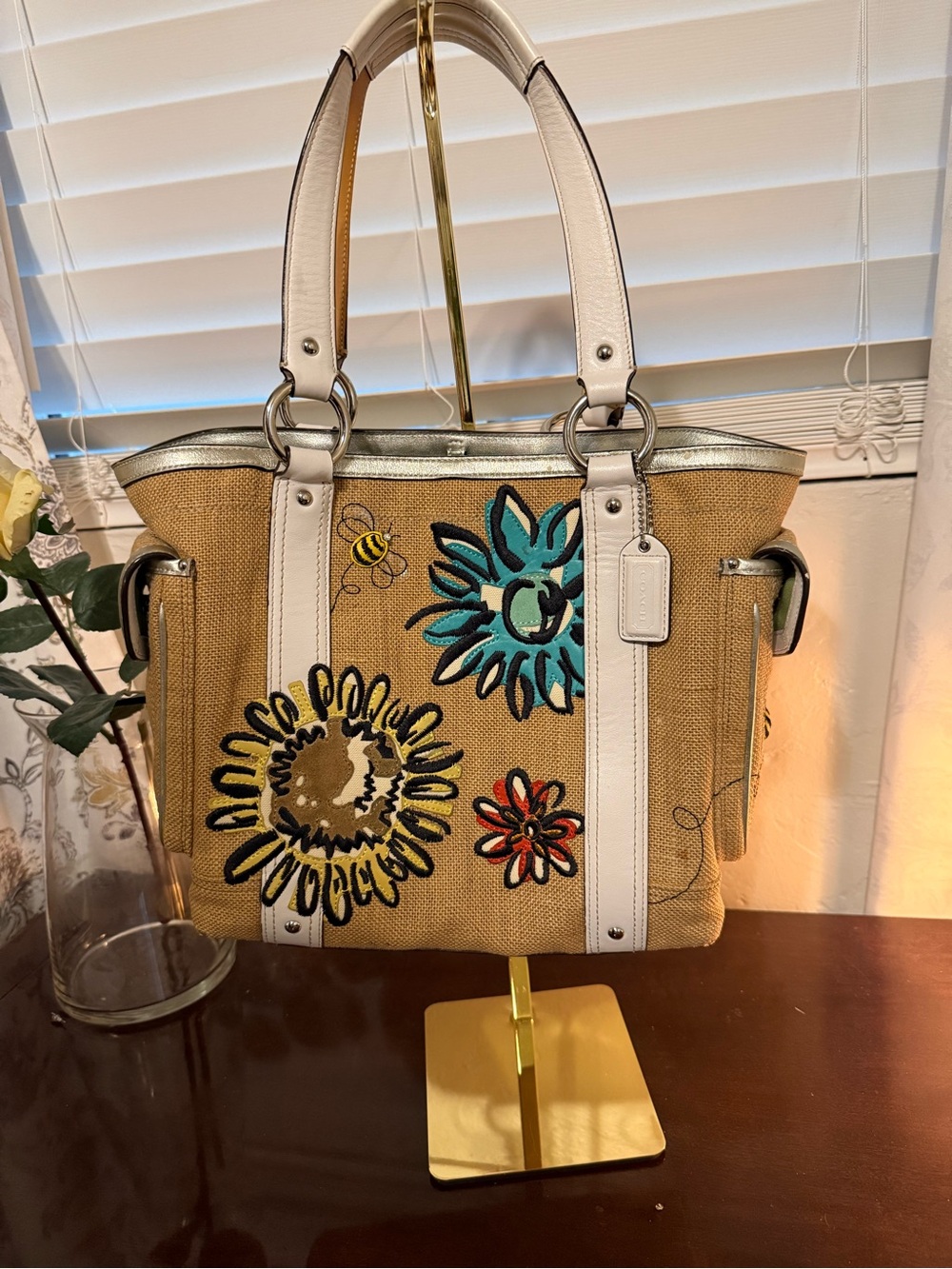 Coach 9447 Straw Tote Floral Bee Appliqué Leather Trim Shoulder Bag Rare